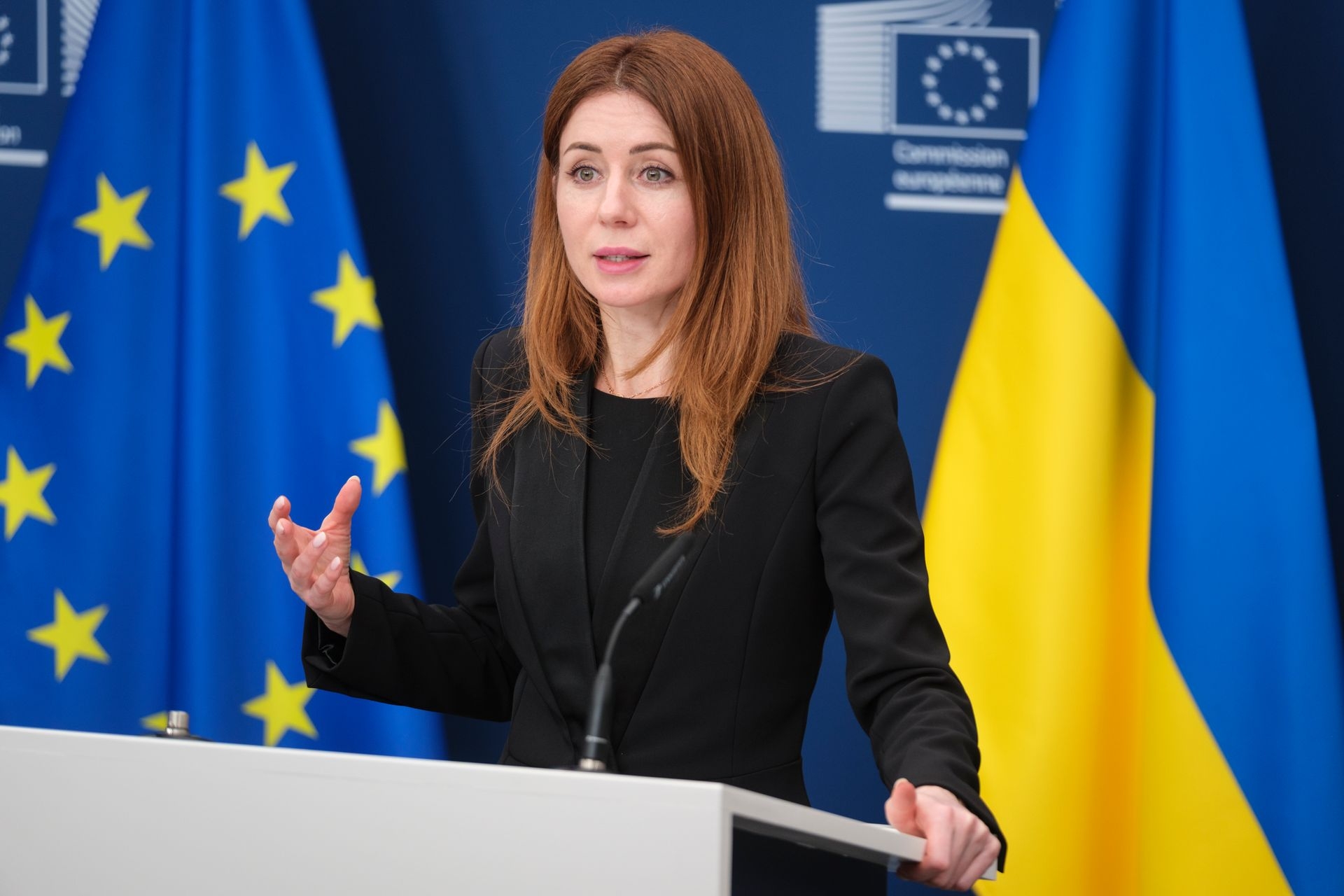 Svitlana Hrynchuk, then-Ukrainian Environmental Protection Minister, talks to the media in Brussels, Belgium, on June 4, 2025.