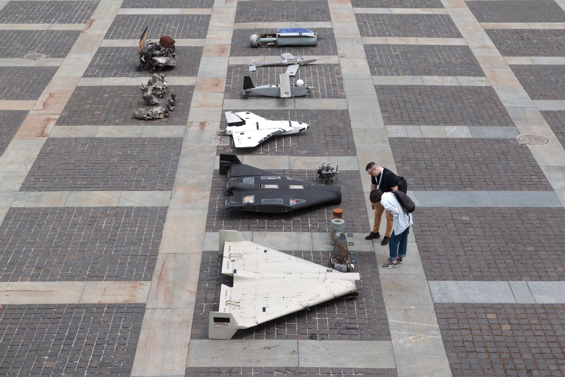 An exhibition of downed Russian UAVs containing imported components in Kyiv, Ukraine, on June 27, 2025. 