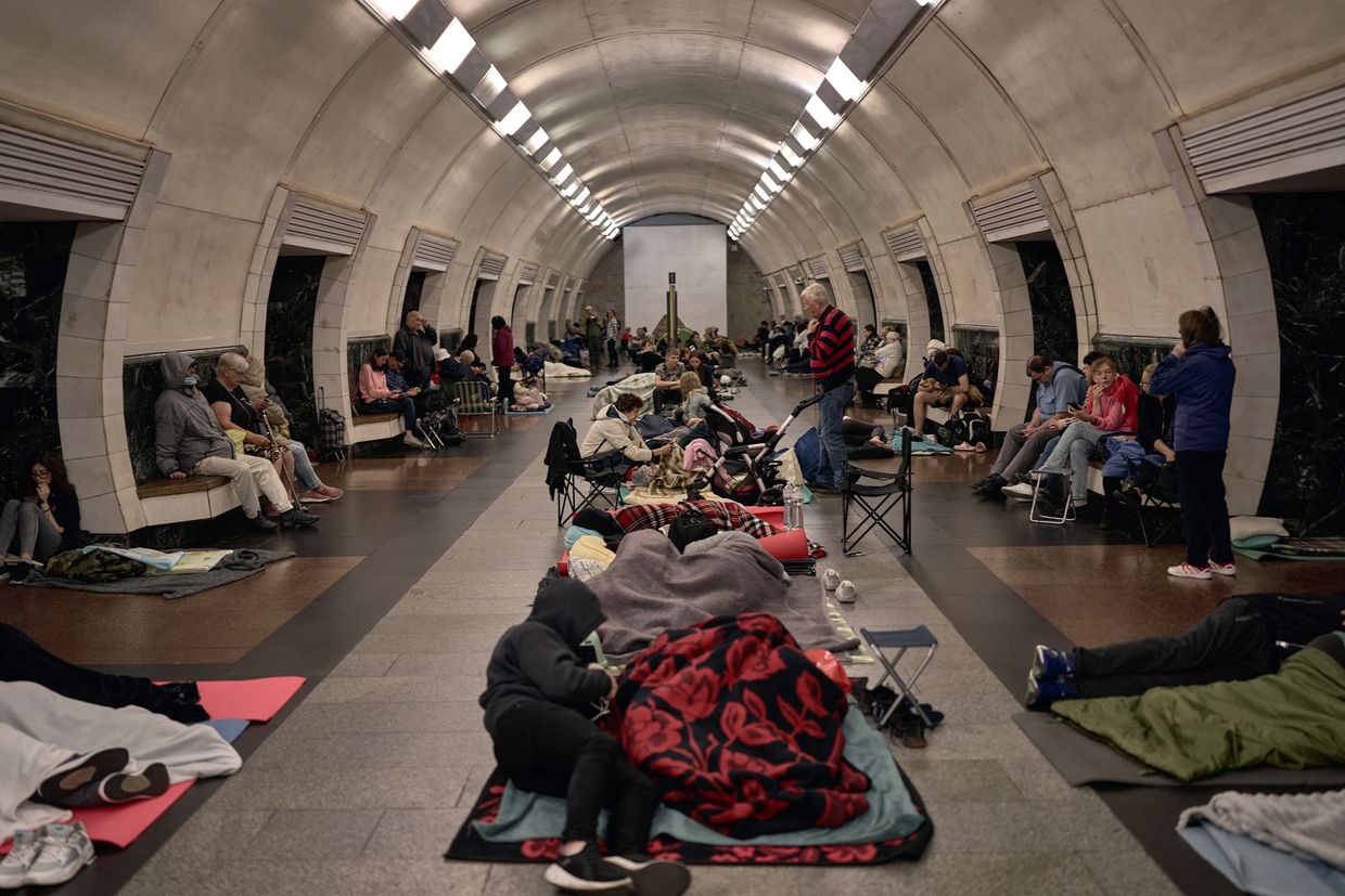 Local residents take cover in a metro station used as a shelter in Kyiv, Ukraine, on July 4, 2025