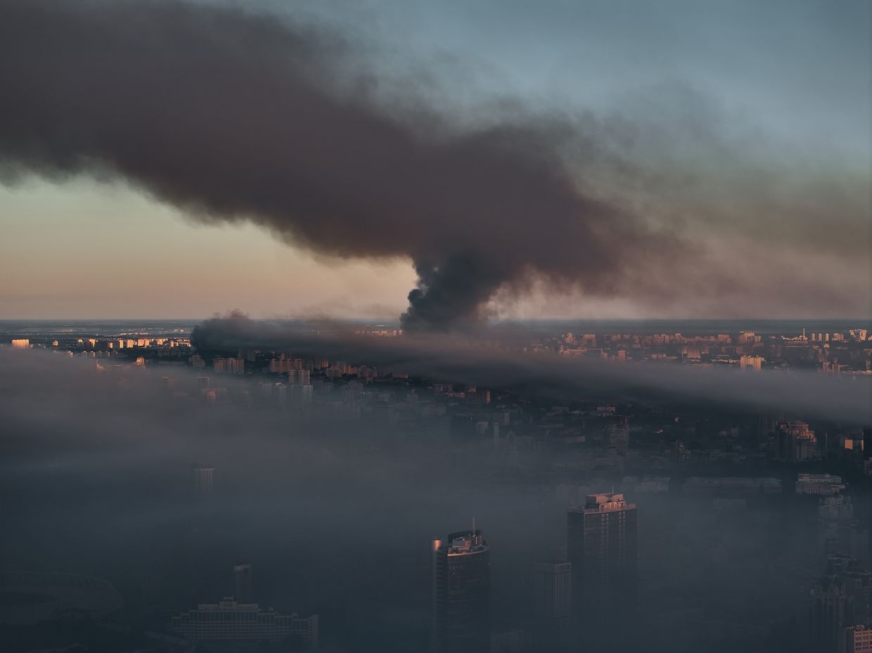 A large plume of smoke covers Kyiv, Ukraine, on July 4, 2025, after a mass drone and missile attack by Russia