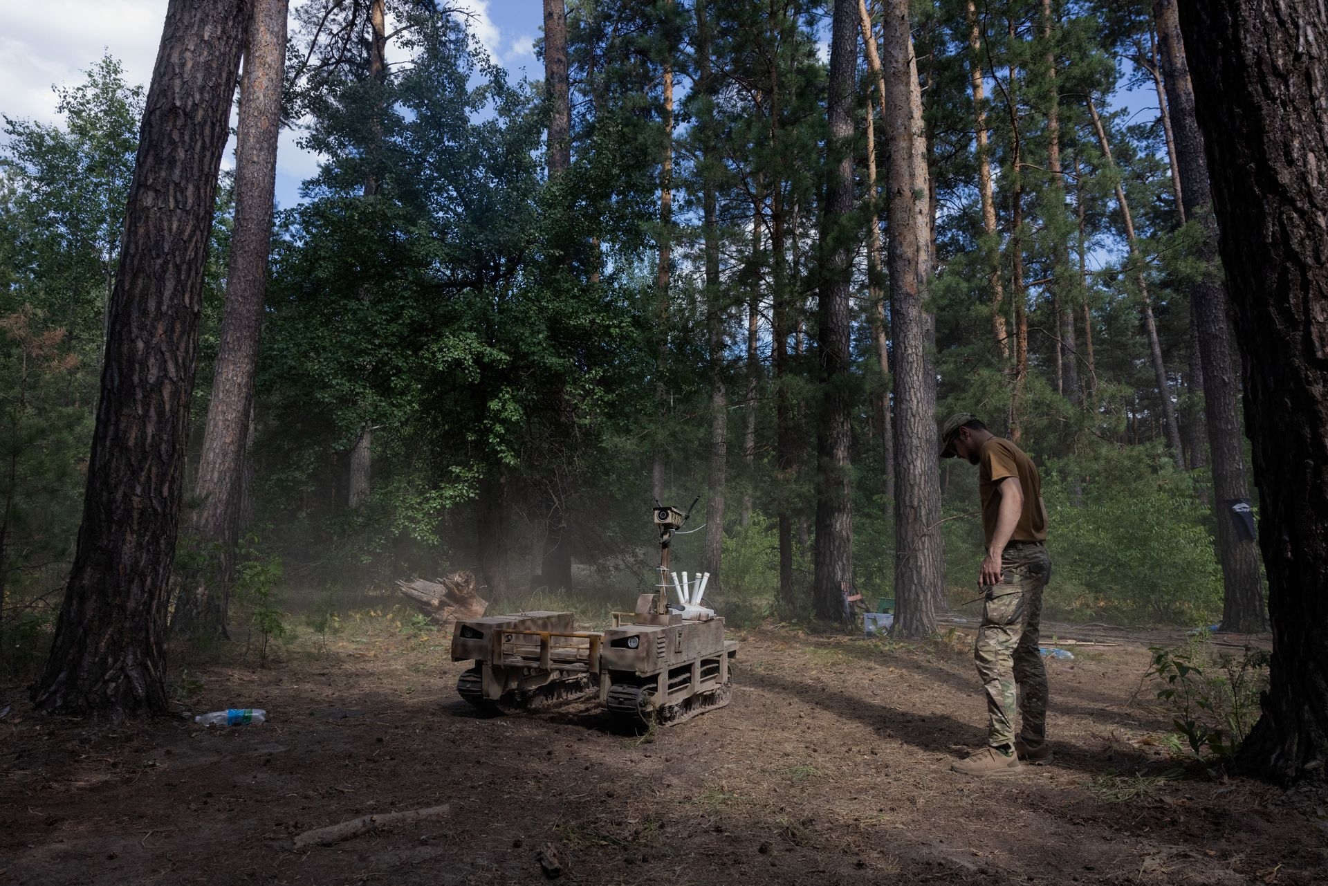An unmanned ground vehicle is seen during military training organized by Ukrainian soldiers of the Third Separate Assault Brigade in Kyiv Oblast, Ukraine, on July 12, 2025. 