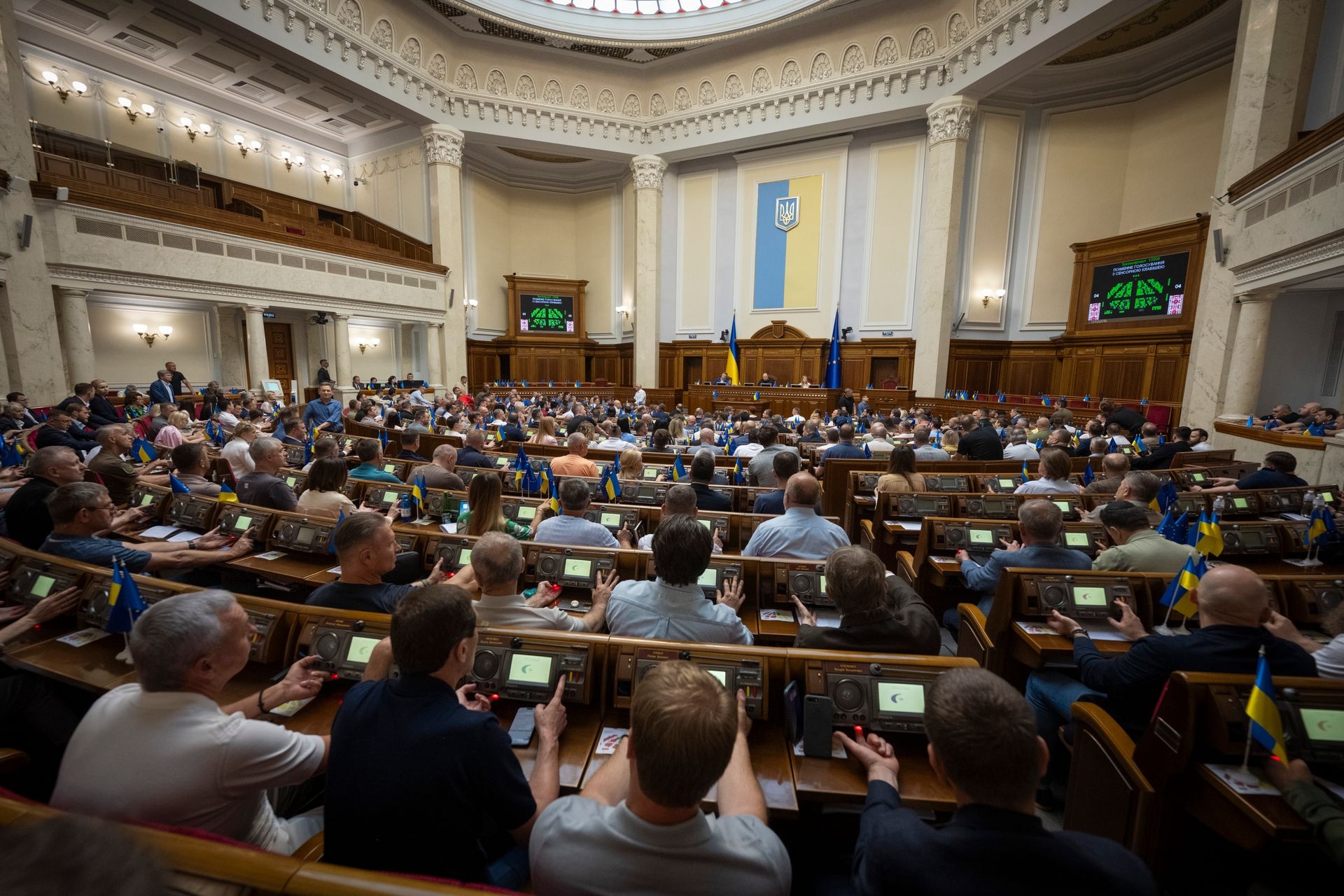 Ukrainian MPs vote for a bill stripping anti-corruption institutions of their independence in Kyiv, Ukraine, on July 22, 2025.