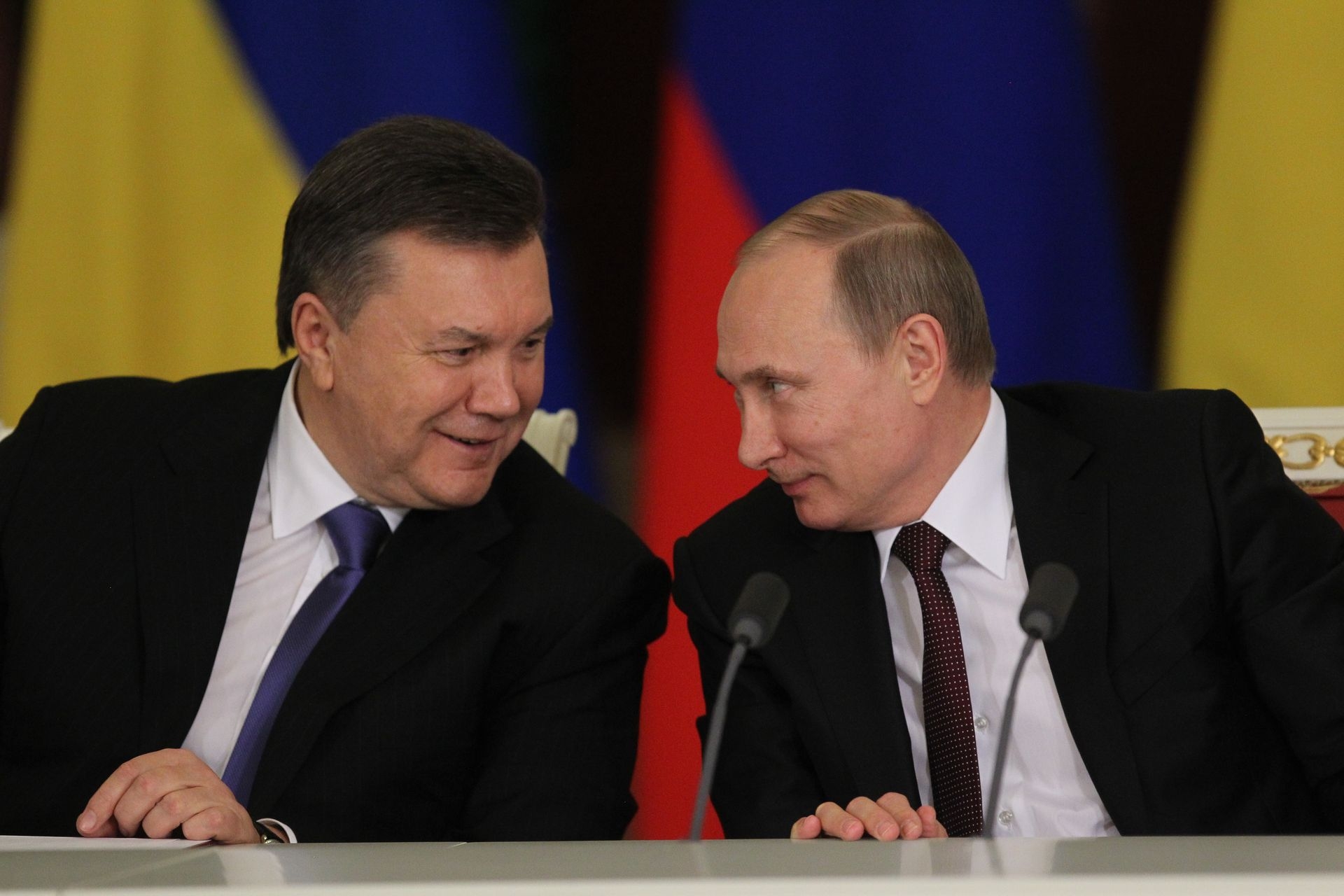 President Vladimir Putin of Russia and then-President Viktor Yanukovych attend a Russian-Ukrainian summit in Moscow, Russia, on Dec. 17, 2013. 