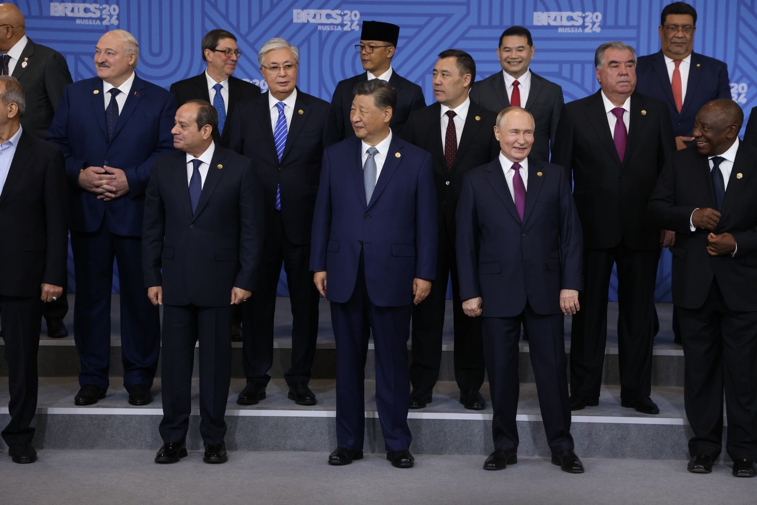 Russian President Vladimir Putin (C-R) poses for a group photo with leaders during the BRICS Leaders’ Summit in Kazan, Russia, on Oct. 24, 2024. 