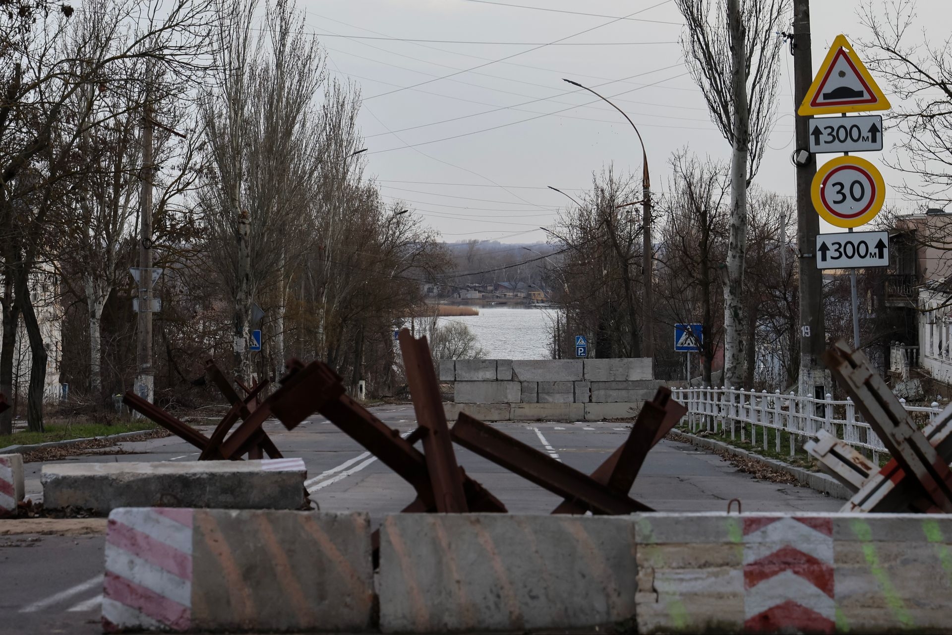 A barricaded road to the bank of the Dnipro River in Kherson, Ukraine, on March 13, 2025. 