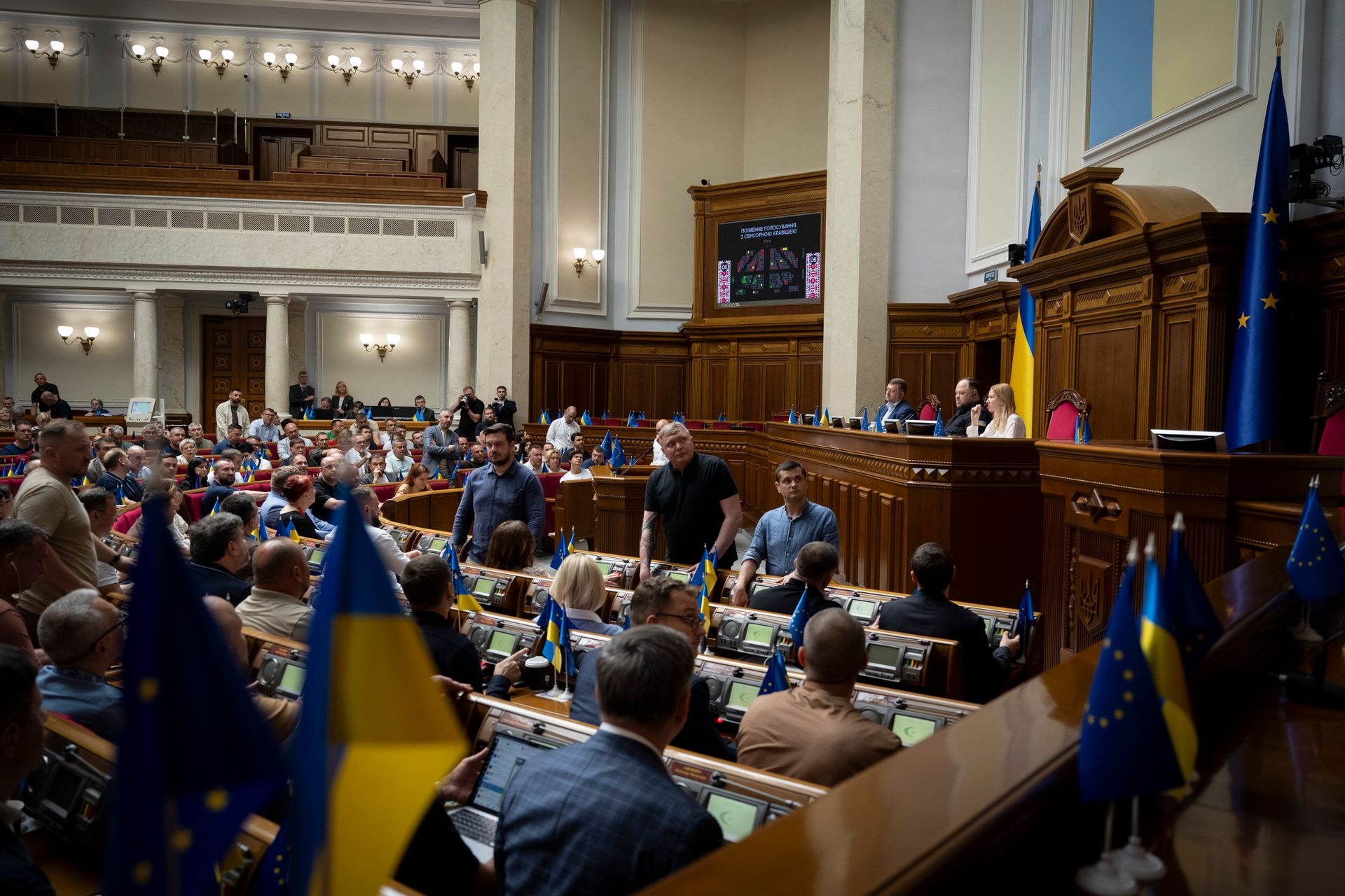 Ukrainian lawmakers vote for a bill stripping anti-corruption institutions of their independence in Kyiv, Ukraine, on July 22, 2025.