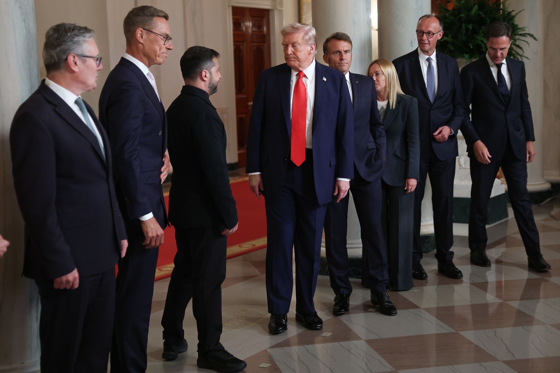 U.S. President Donald Trump (R) meets with President Volodymyr Zelensky (L) in the Oval Office at the White House in Washington, D.C., U.S. on Aug. 18, 2025. 