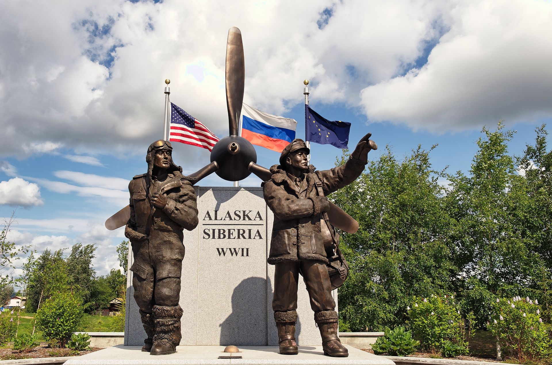 Alaska-Siberia Lend-Lease statue memorial in Fairbanks, Alaska, United States, on June 14, 2009.
