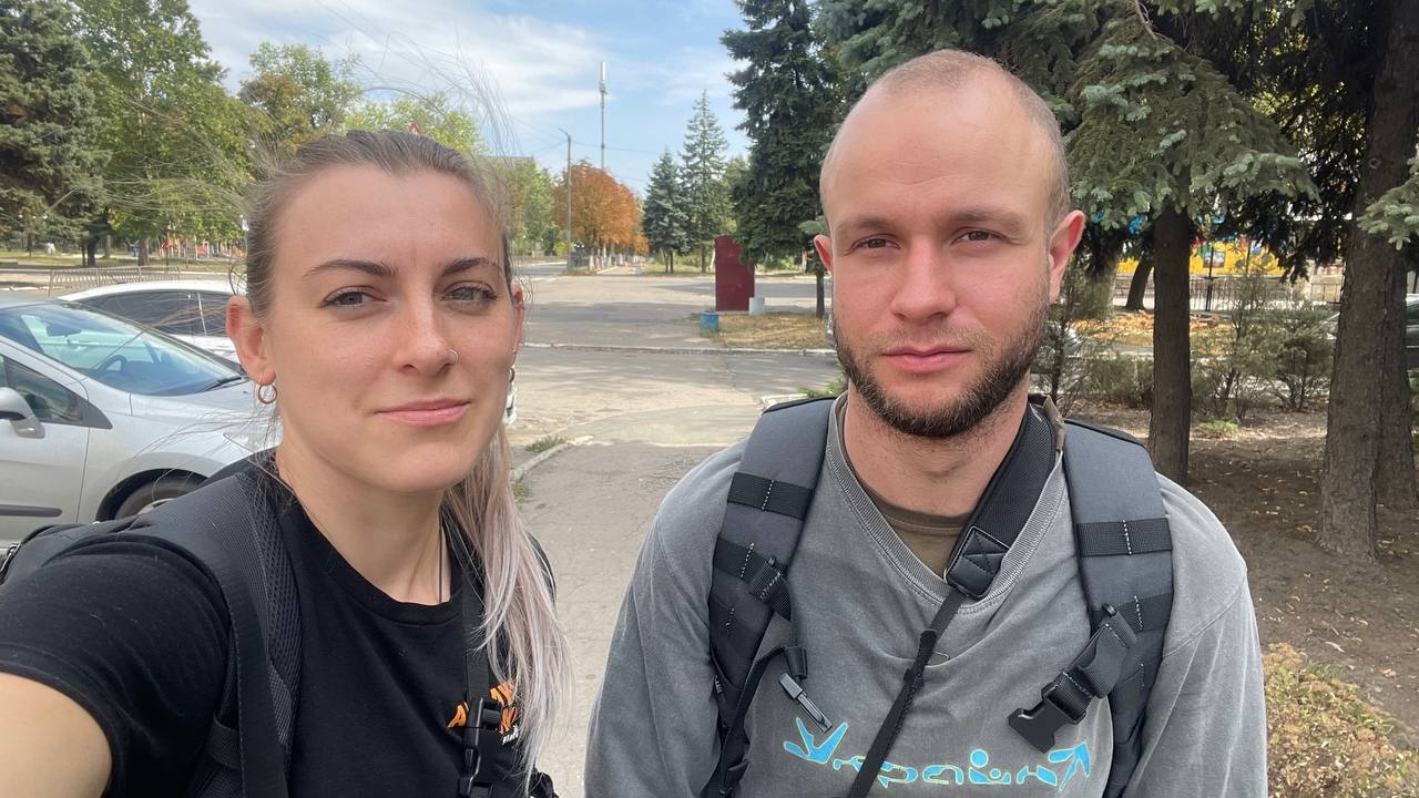 Olena (L) and Francis (R) in the center of Pokrovsk, Donetsk Oblast, Ukraine, on Sept. 9, 2024