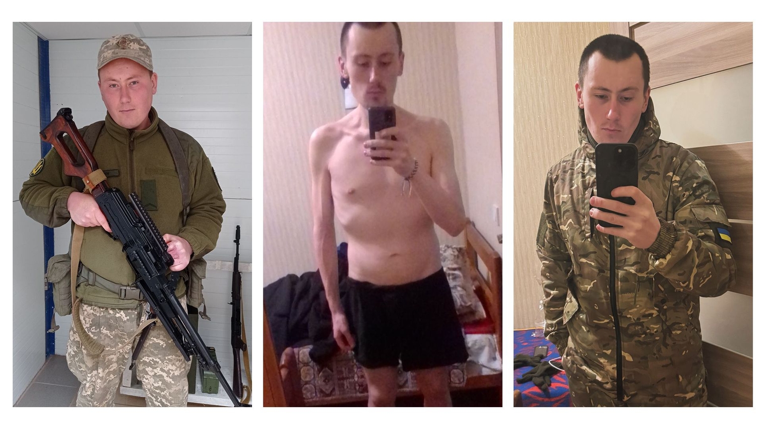 Former Ukrainian marine Vladyslav Zadorin before and after captivity.