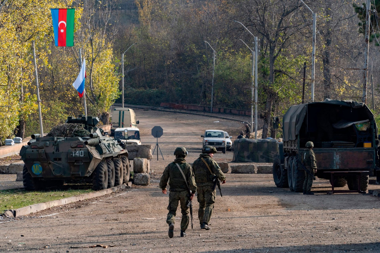 Russian soldiers at a checkpoint along the Goris-Stepanakert road, which linked Armenia and Nagorno-Karabakh, on Nov. 17, 2020.