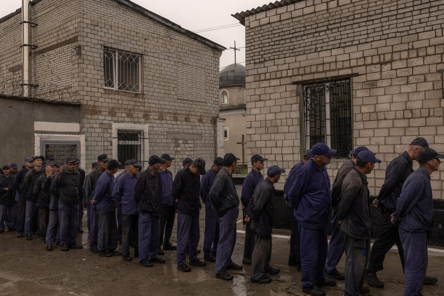 Russian prisoners of war queue for lunch at a camp for Russian POWs in western Ukraine on Sept. 19, 2023, amid Russia’s invasion of Ukraine. 