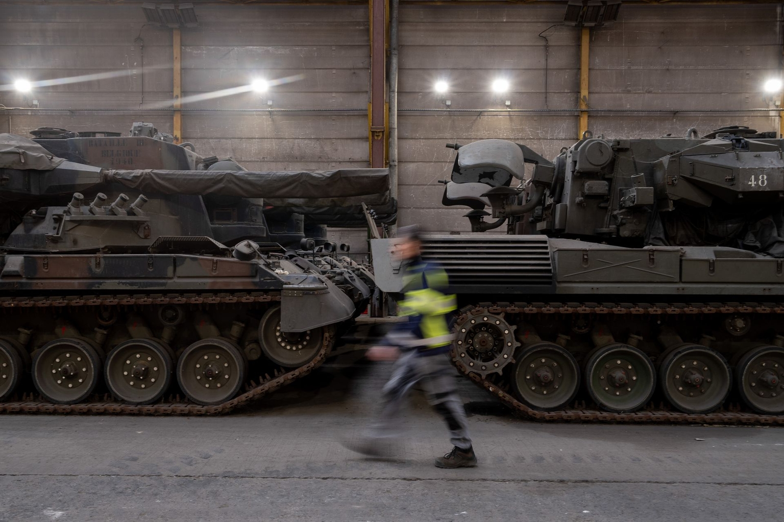 A Flakpanzer Gepard anti-aircraft gun tank is seen at the OIP Land Systems SA factory in Tournai, Belgium, on March 27, 2025.