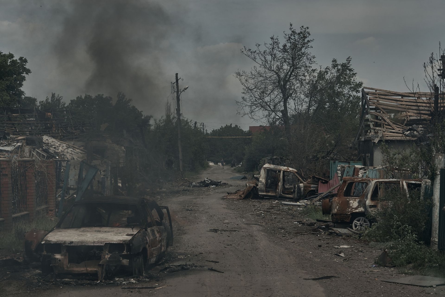 Burnt cars on the side of the streets in Pokrovsk, Donetsk Oblast, Ukraine, on June 19, 2025. 