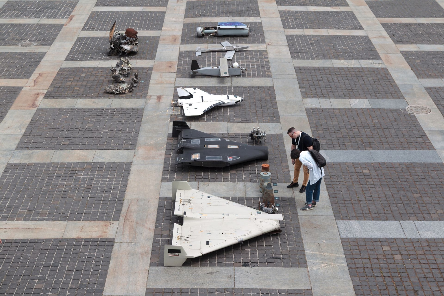 An exhibition of downed Russian UAVs containing imported components is displayed at the National Museum of the History of Ukraine in Kyiv, Ukraine, on June 27, 2025.