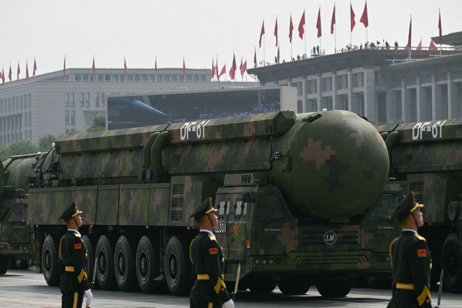 The DF-61 intercontinental ballistic missiles are seen during a military parade marking the 80th anniversary of Japan’s defeat and the end of World War II in Beijing, China, on Sept. 3, 2025.