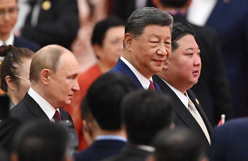 Xi Jinping, Kim Jong Un and Putin arrive for a reception in Beijing, China, on Sept. 3, 2025.