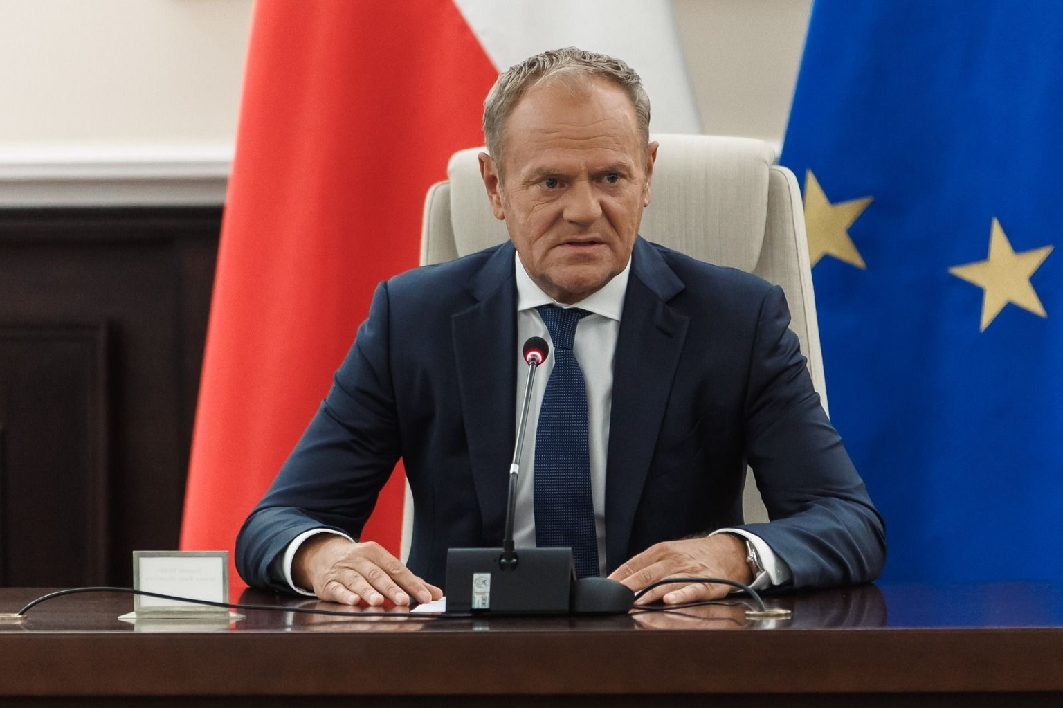 Polish Prime Minister Donald Tusk delivers a speech confirming that Polish forces shot down Russian drones that violated the country’s airspace in Warsaw, Poland, on Sept. 10, 2025.