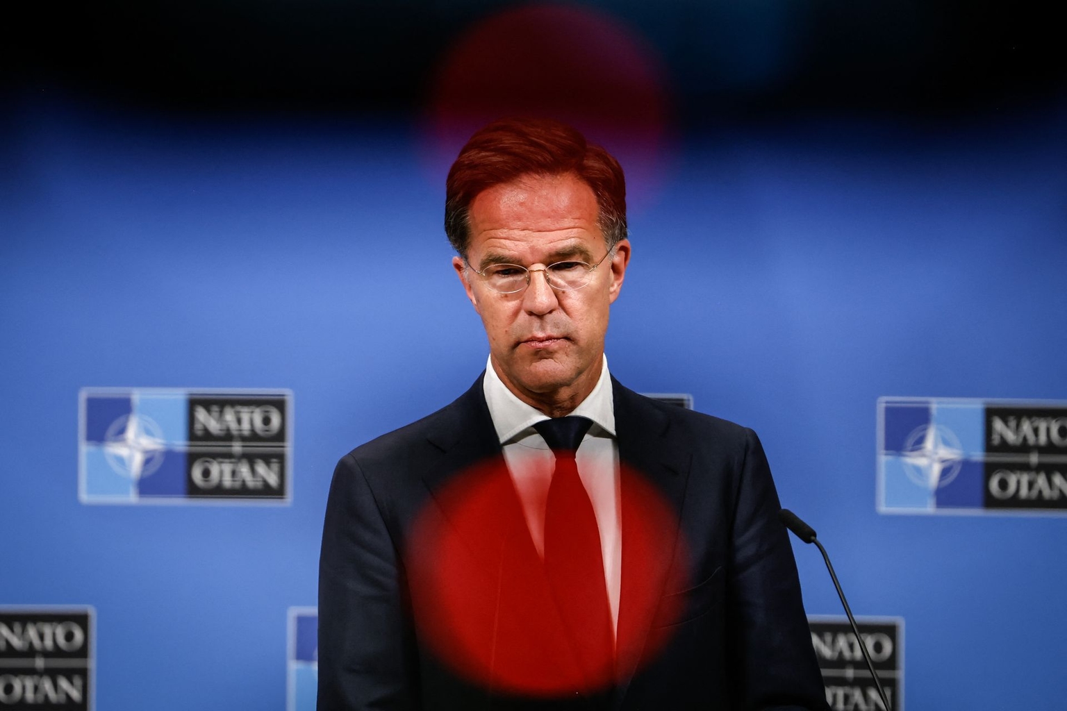 NATO Secretary General Mark Rutte, during a press conference on the violation of Polish airspace by Russian drones at NATO headquarters in Brussels, Belgium, on Sept. 12, 2025.