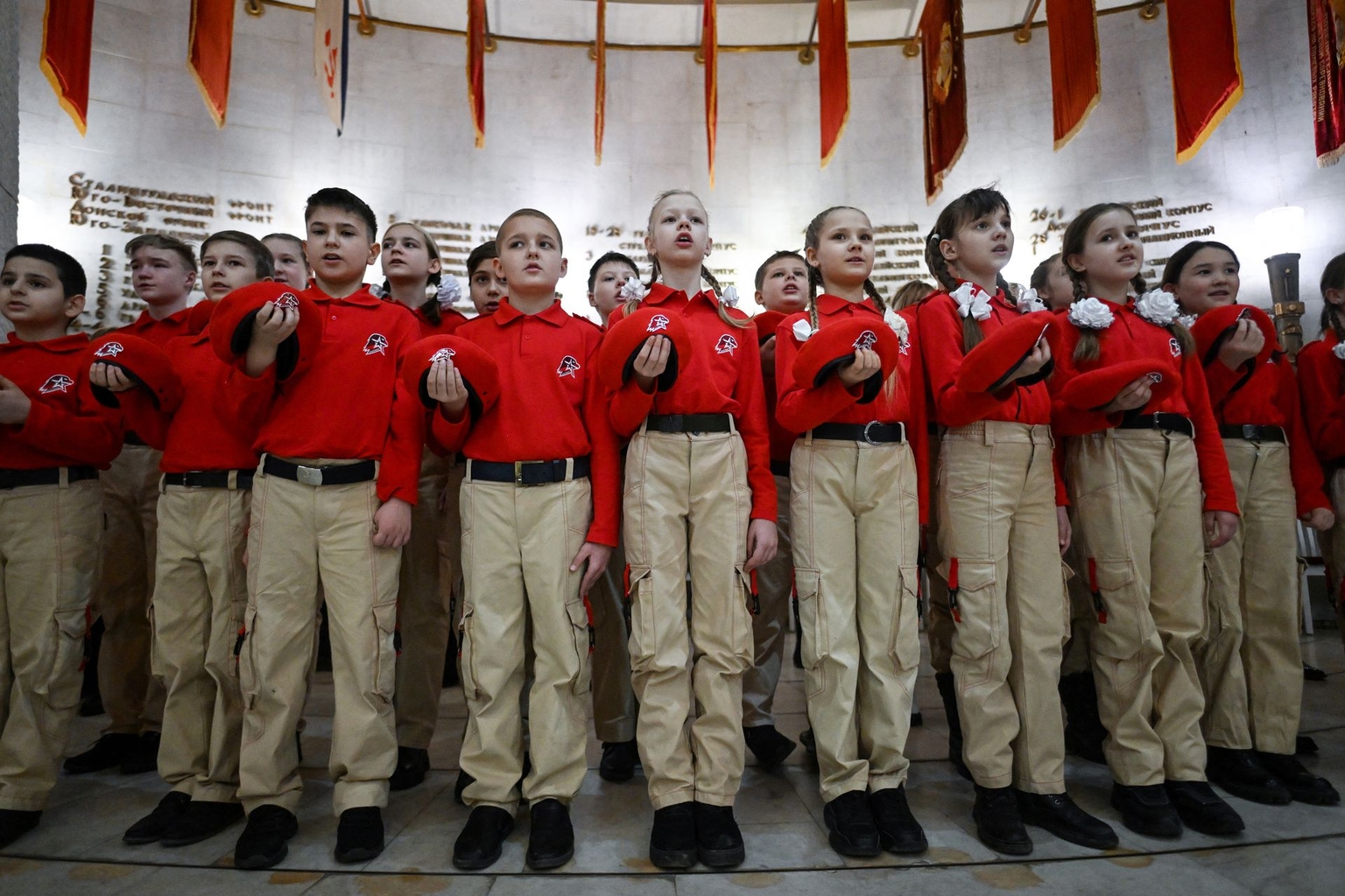 Teenagers attend an induction ceremony for the Yunarmiya (Youth Army) cadet movement at the Stalingrad Battle Museum in Volgograd, Russia, on Jan. 25, 2023.
