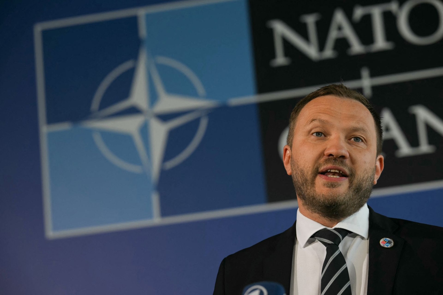 Estonia’s Foreign Minister Margus Tsahkna speaks to the press upon arrival for an informal meeting of NATO foreign ministers in Antalya, Turkey, on May 15, 2025.