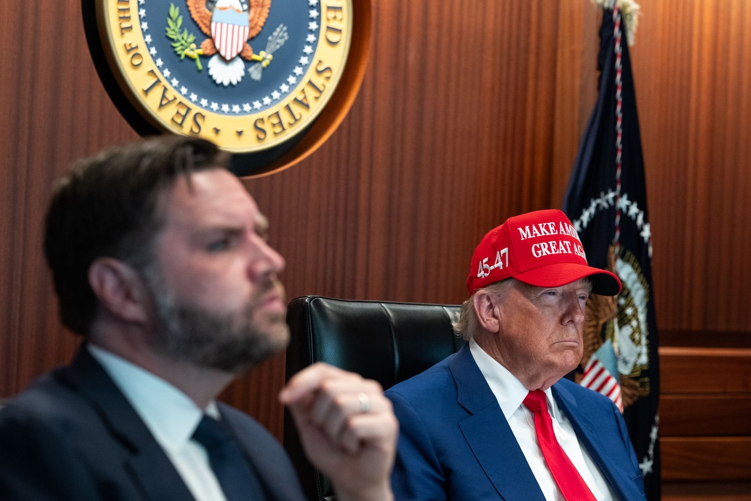 U.S. President Donald Trump (R) and Vice President J.D. Vance (L) at the White House in Washington, D.C., on June 21, 2025. 
