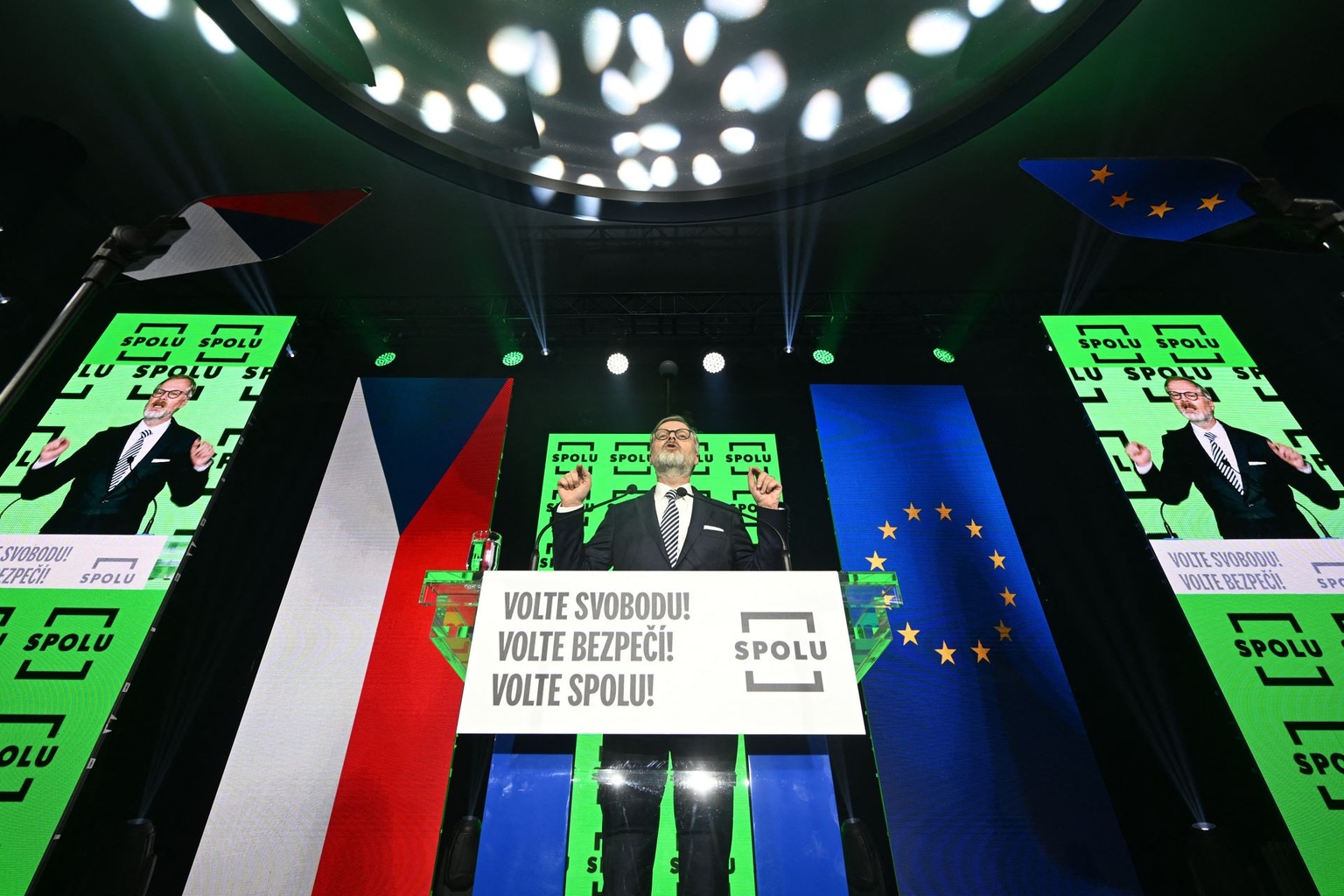 Czech Prime Minister Petr Fiala, leader of the Civic Democratic Party (ODS) and the Together (SPOLU) coalition, delivers a speech during a campaign rally in Prague, Czech Republic, on Sept. 18, 2025.
