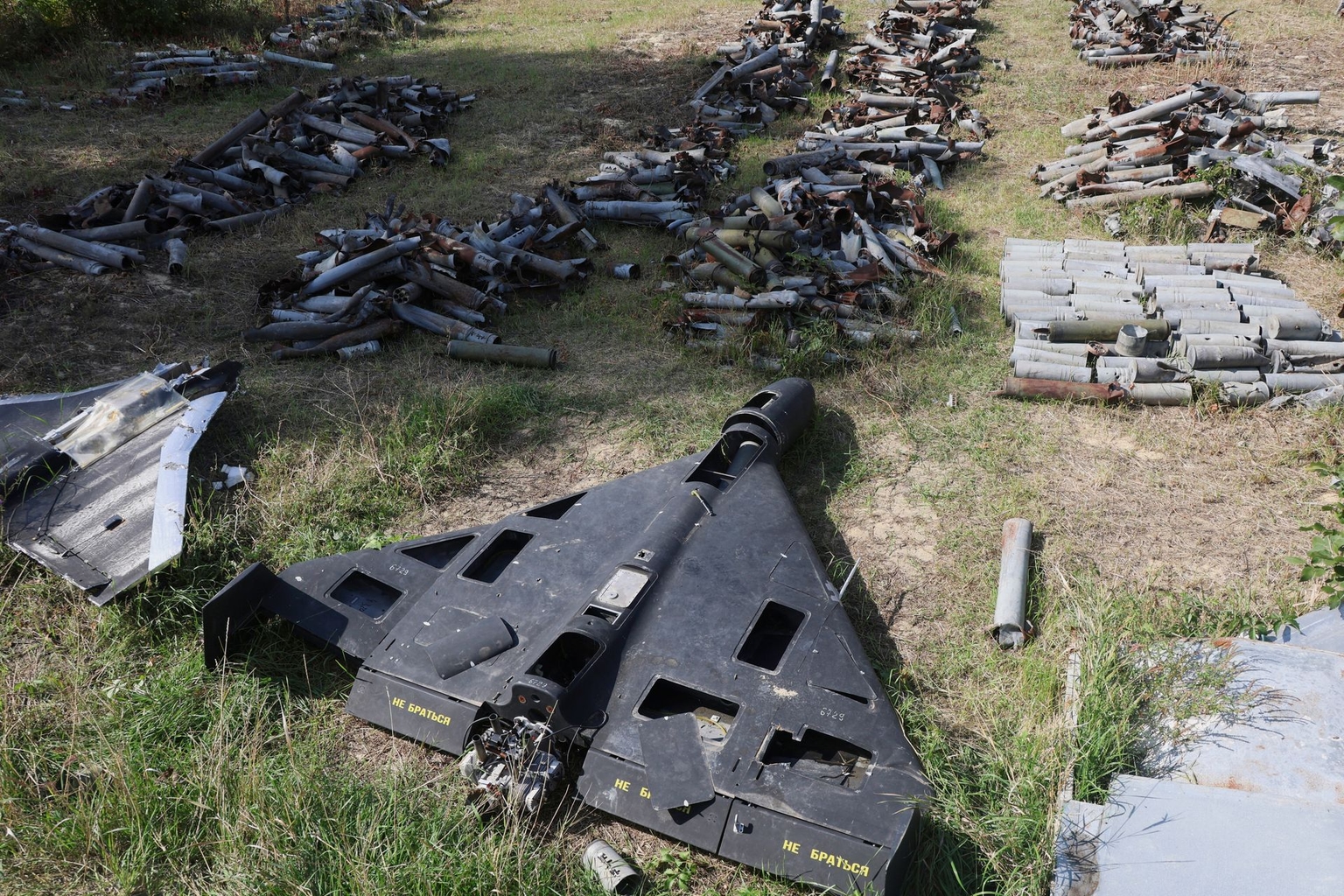 Fragments of Shahed drones are found at the sites of Russian strikes in Kharkiv, Ukraine, on Sept. 19, 2025
