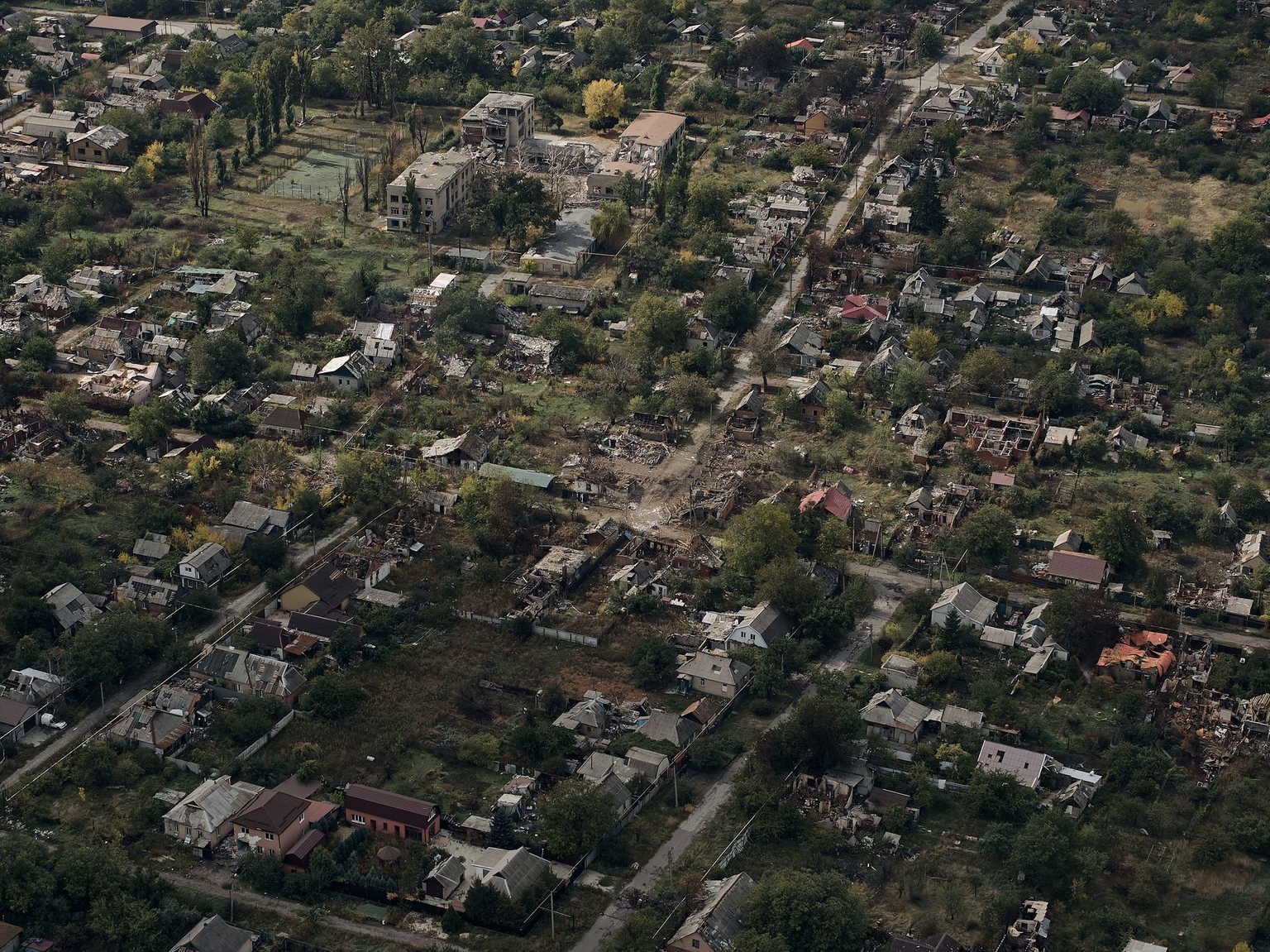 Aerial view shows the destroyed Pokrovsk, Ukraine, covered in morning fog after months of intense fighting near the front line, on Oct. 7, 2025.
