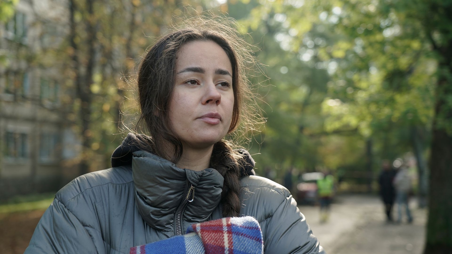 Ira Lukianets pictured after a mass Russian missile and drone attack on Kyiv, Ukraine, on Oct. 22, 2025. 