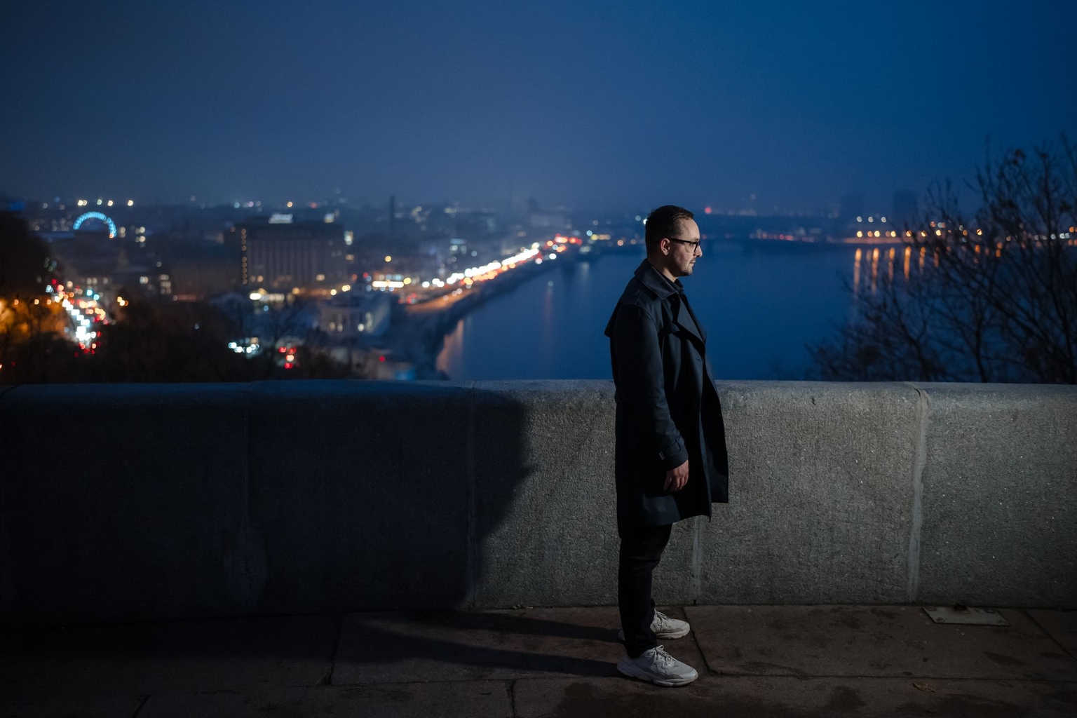 Ukrainian writer Myroslav Laiuk in front of Kyiv, Ukraine skyline on Nov. 5, 2025.