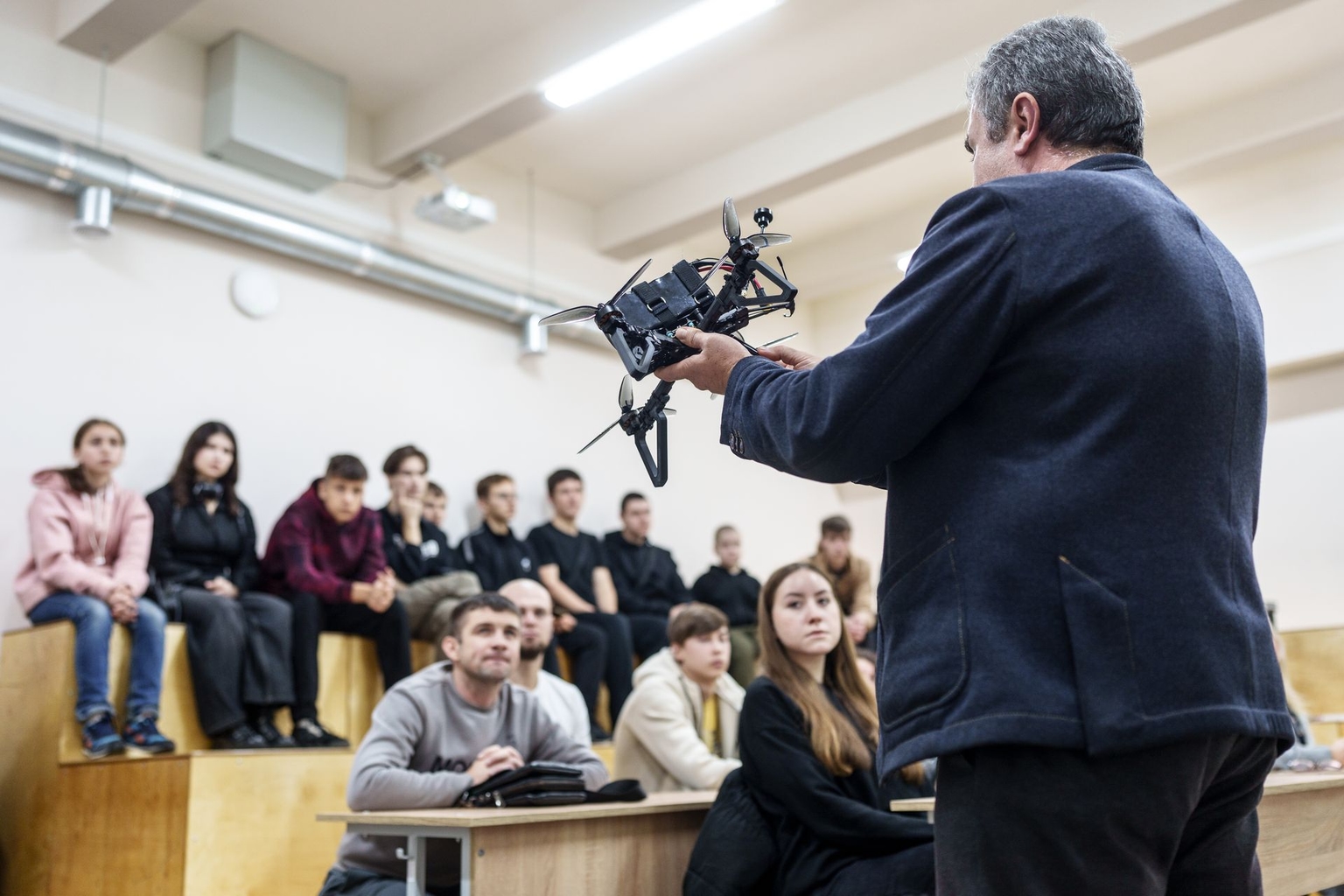 Students of the Kharkiv Aviation Institute attend an FPV-drone class in an underground classroom in Kharkiv, Ukraine, on Oct. 27, 2025.