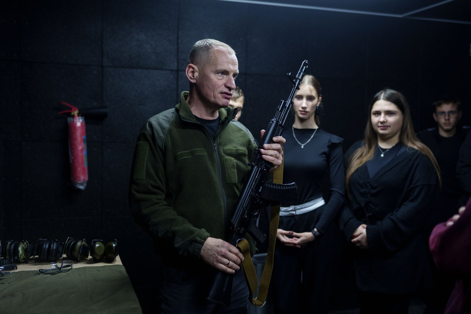 Students of the Kharkiv Aviation Institute attend a civil defense class in an underground classroom in Kharkiv, Ukraine, on Oct. 27, 2025.