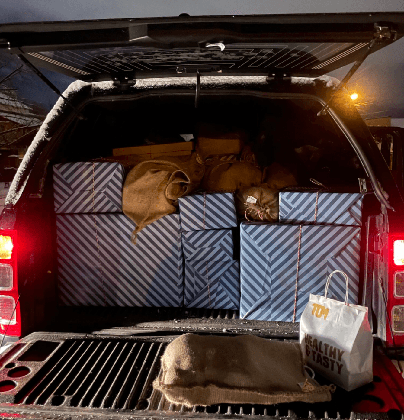 Gifts from last year’s Secret Santa for Ukrainian Defenders, en route to be delivered to their recipients. (Courtesy of Dzyga’s Paw) 