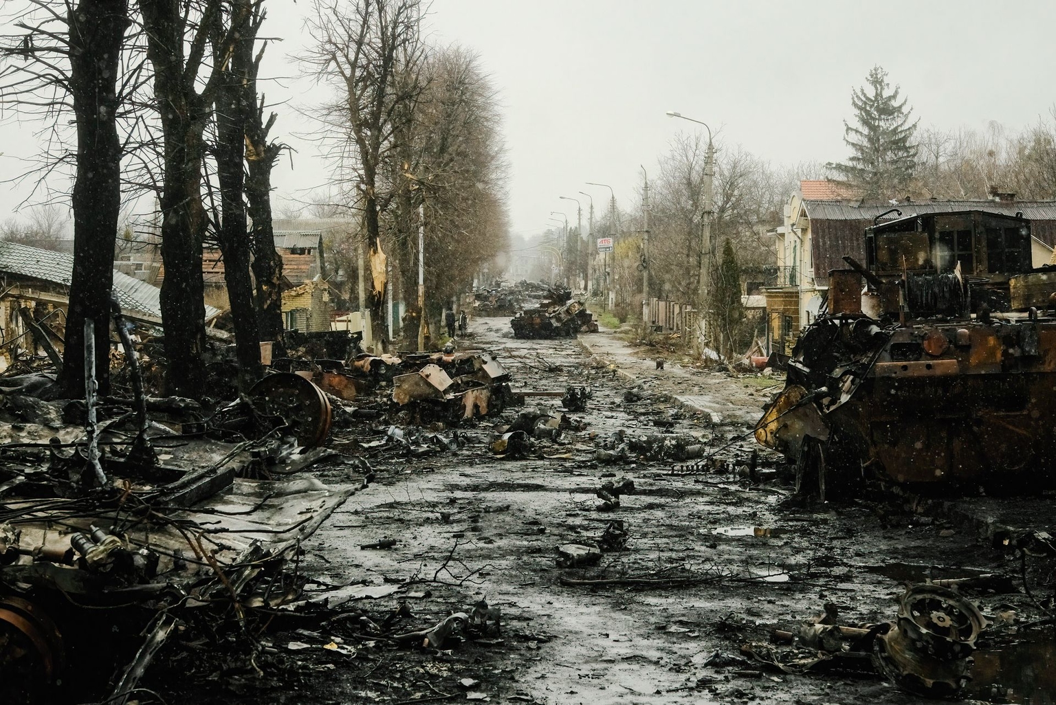 A view of a burnt and destroyed street in Bucha, Kyiv Oblast, Ukraine, after its deoccupation from Russian forces on April 3, 2022.