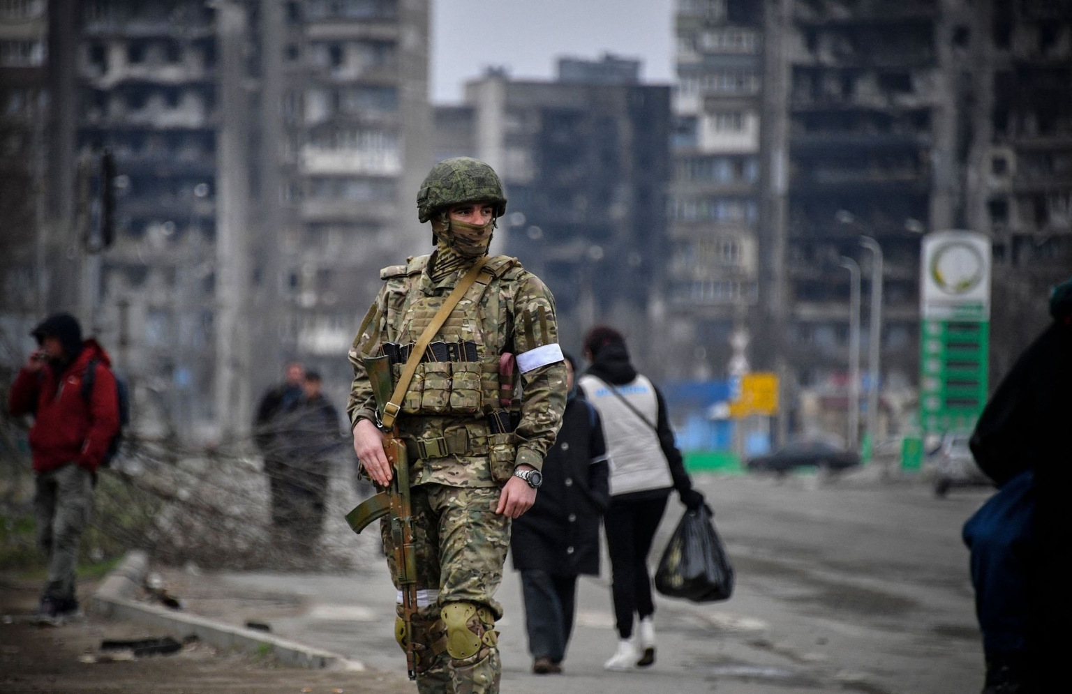 A Russian soldier on a street in Mariupol, Ukraine, on April 12, 2022.