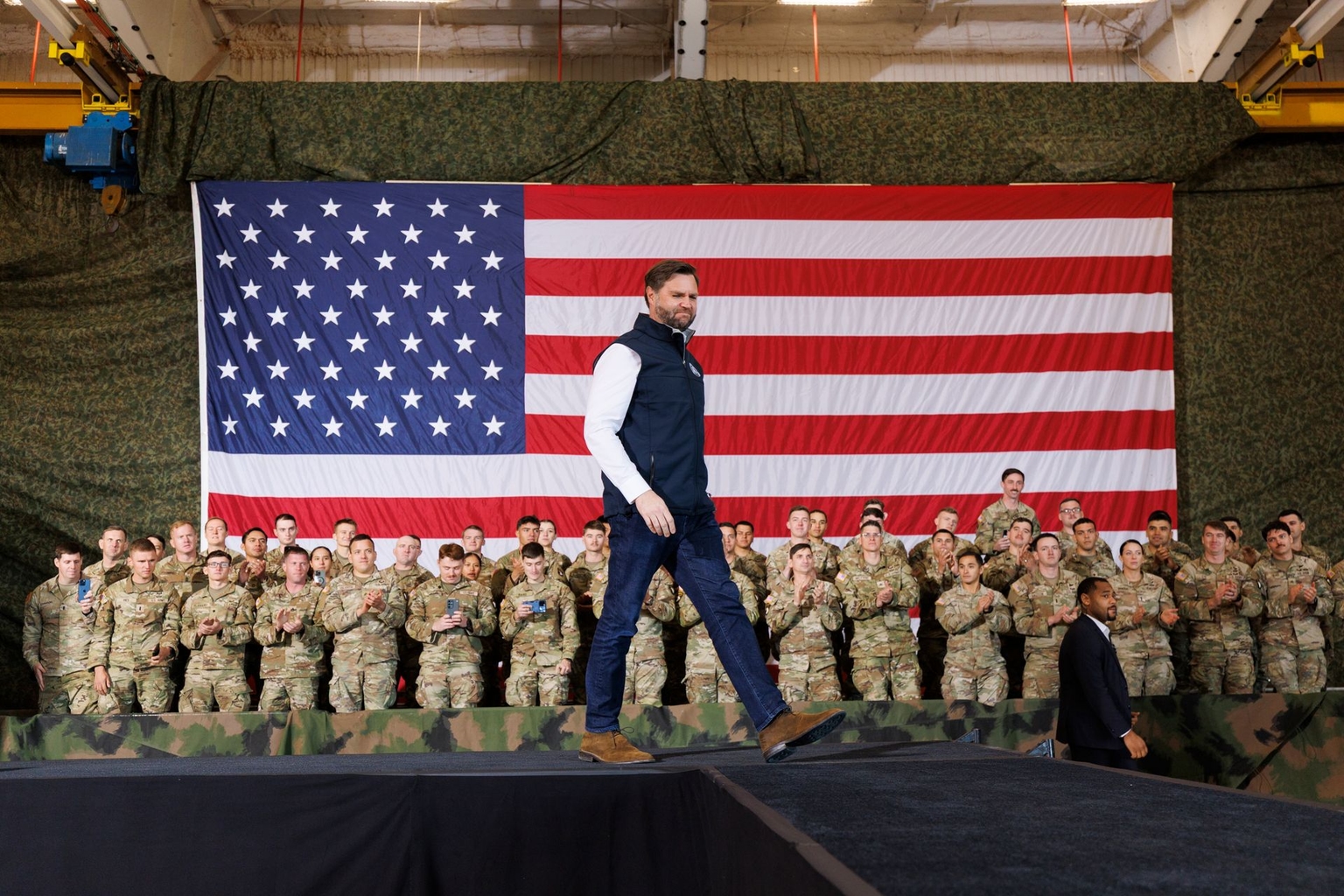 U.S. Vice President JD Vance delivers remarks to members of the U.S. military at Fort Campbell in Kentucky, US, on Nov. 26, 2025. 