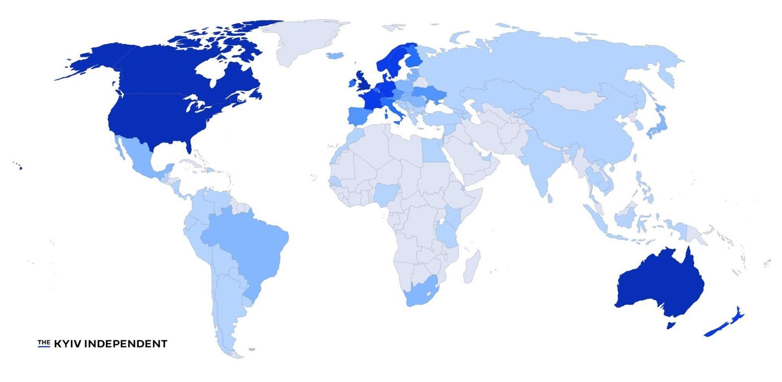 Map that shows every country where the Kyiv Independent has paying members.