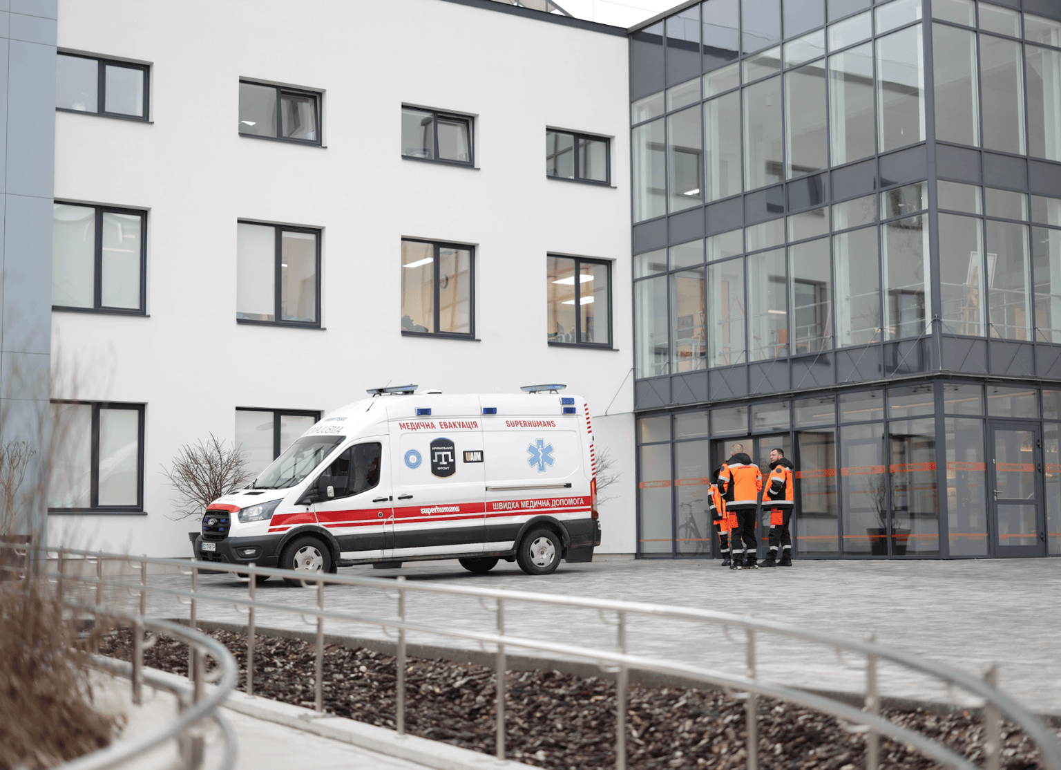 An evacuation team in front of the Superhumans Center in Lviv. (Courtesy of Superhumans Center)