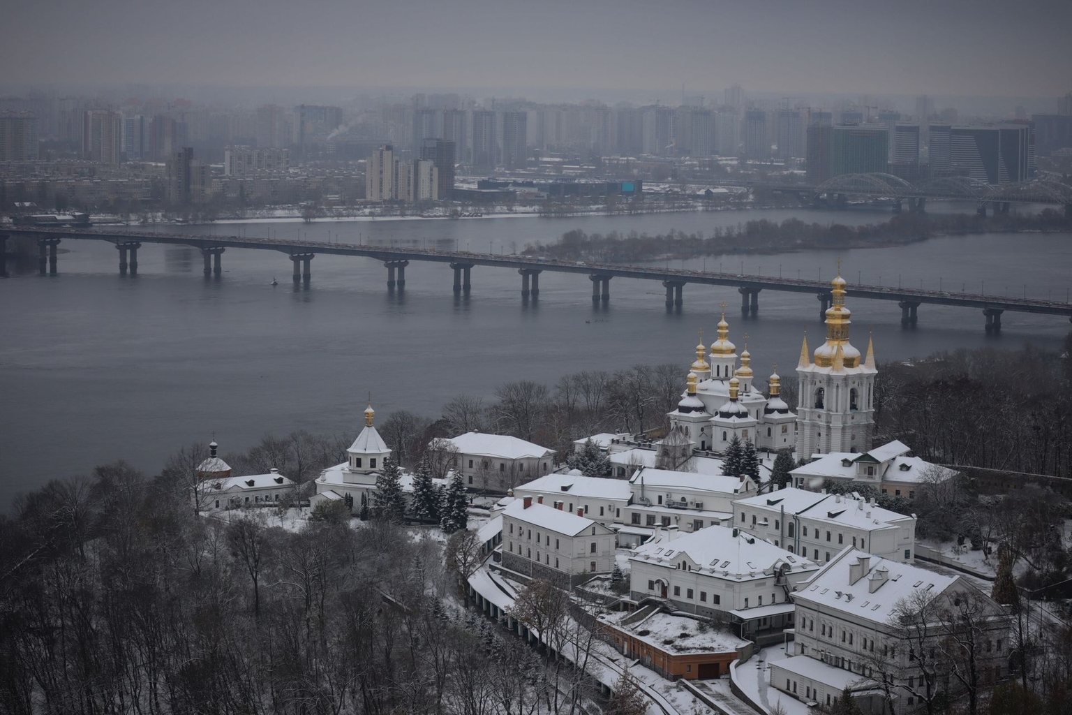 A view of the Lower Lavra complex from the Great Lavra Bell Tower at the Kyiv-Pechersk Lavra in Kyiv, Ukraine, on Nov. 22, 2023. 
