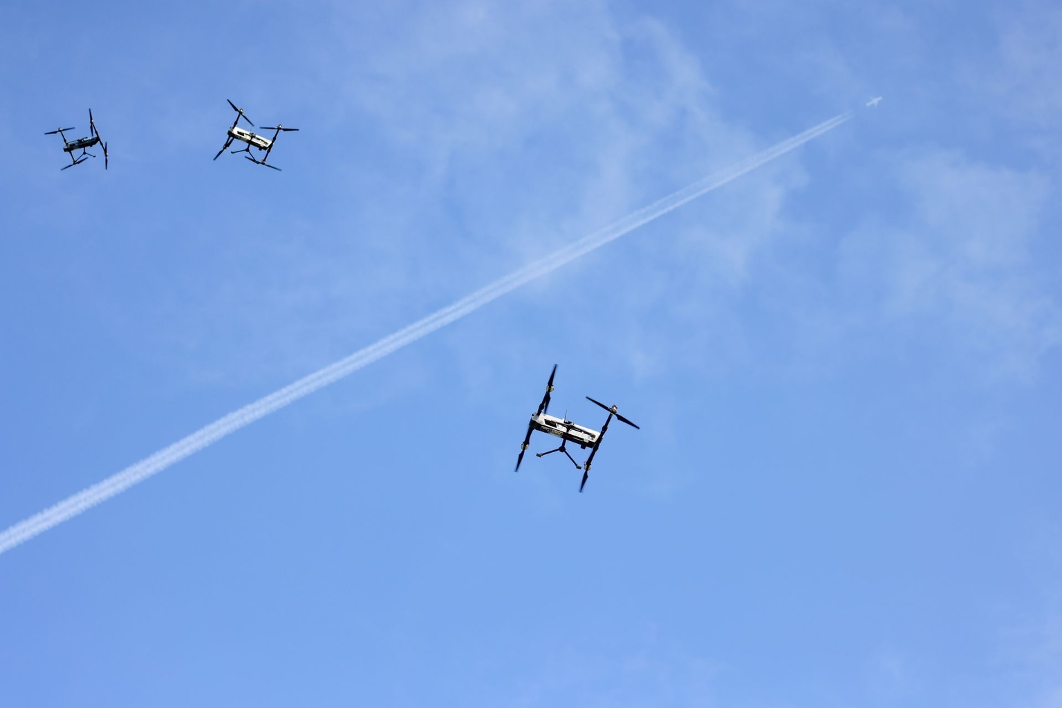 TS-M800 drones operate in the sky during the U.S. military and NATO “Saber Junction 24” training exercise at the U.S. Army’s Hohenfels Training Area in Hohenfels, Germany, on Sept. 6, 2024.
