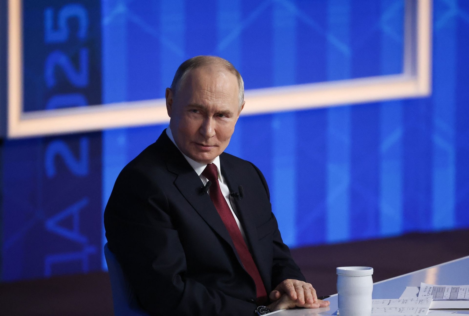Russia’s President Vladimir Putin holds his annual end-of-year press conference in Moscow, Russia, on Dec. 19, 2025. 