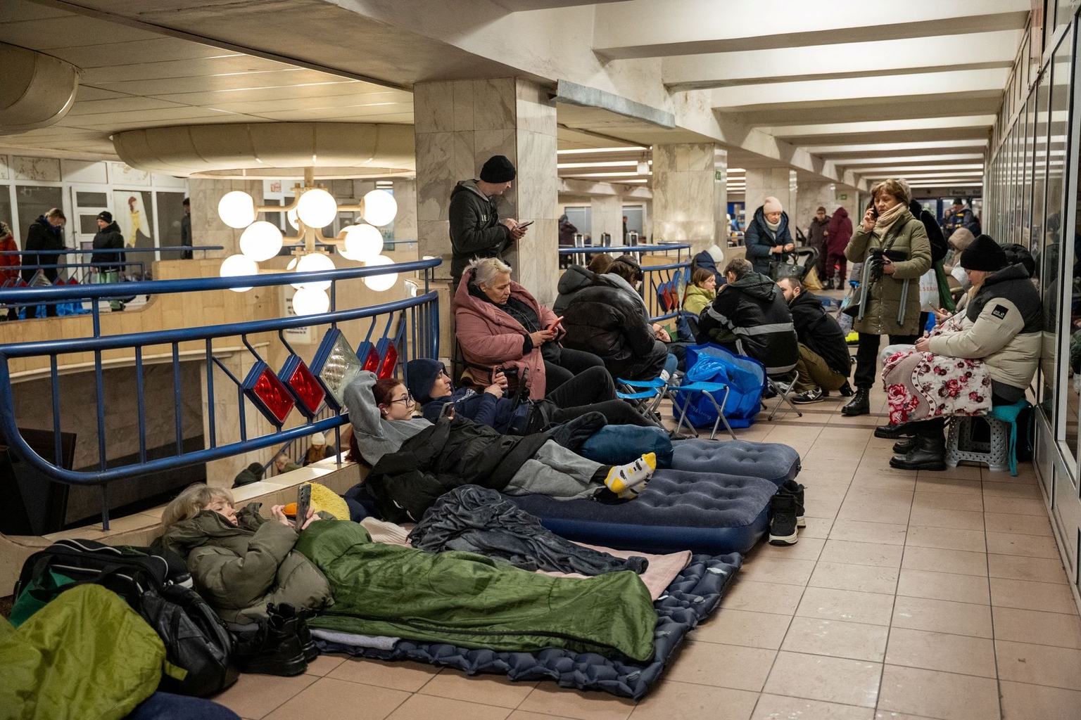 People take shelter at a metro station during Russian drone and missile attacks in Kyiv, Ukraine, on Jan. 9, 202