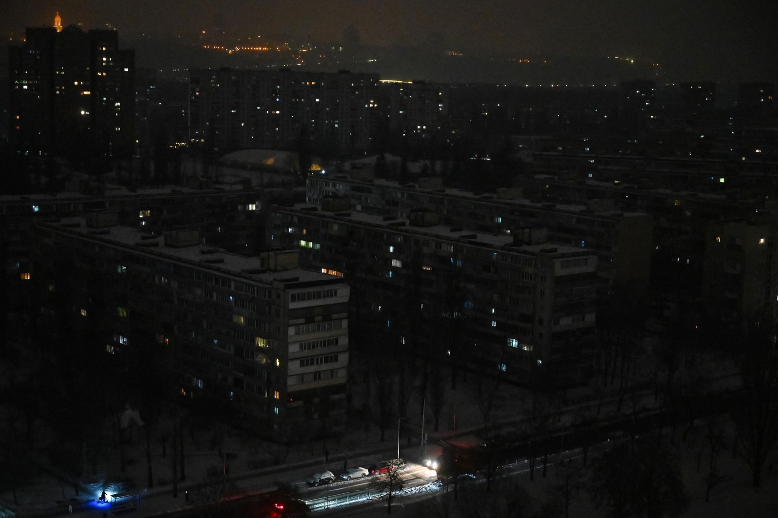An aerial view shows a residential area on the left bank of the Dnipro River during a power outage in Kyiv, Ukraine, on Jan. 13, 2026