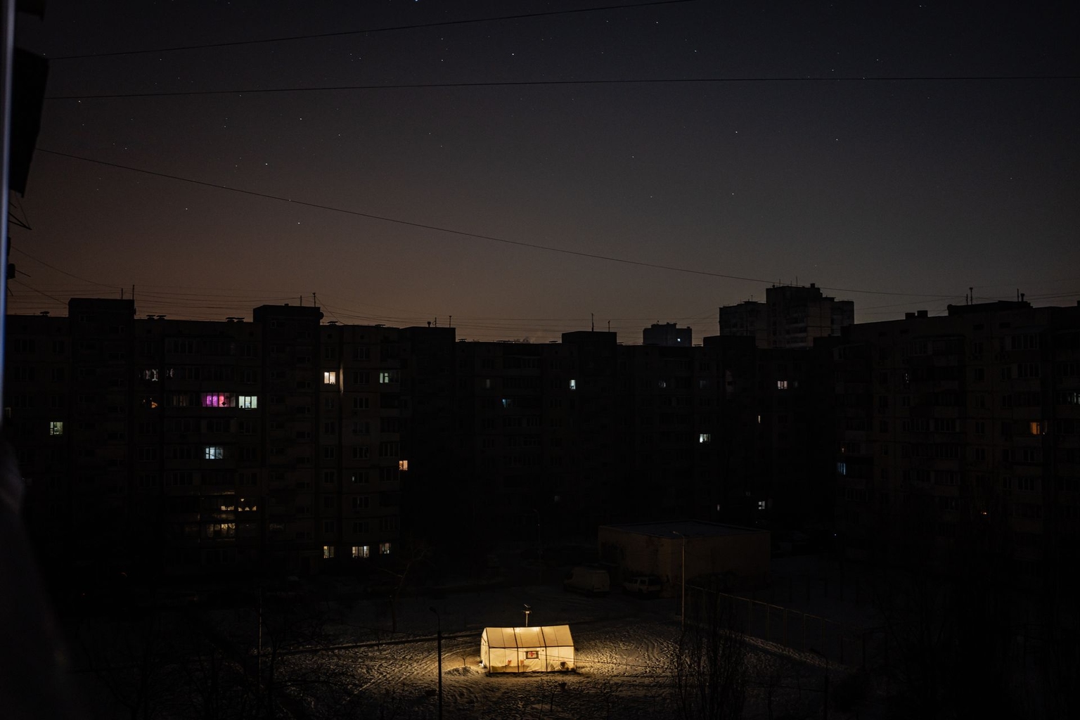 A mobile heating point set up by Ukraine’s emergency service operates in a residential area of Kyiv, Ukraine, on Jan. 22, 2026