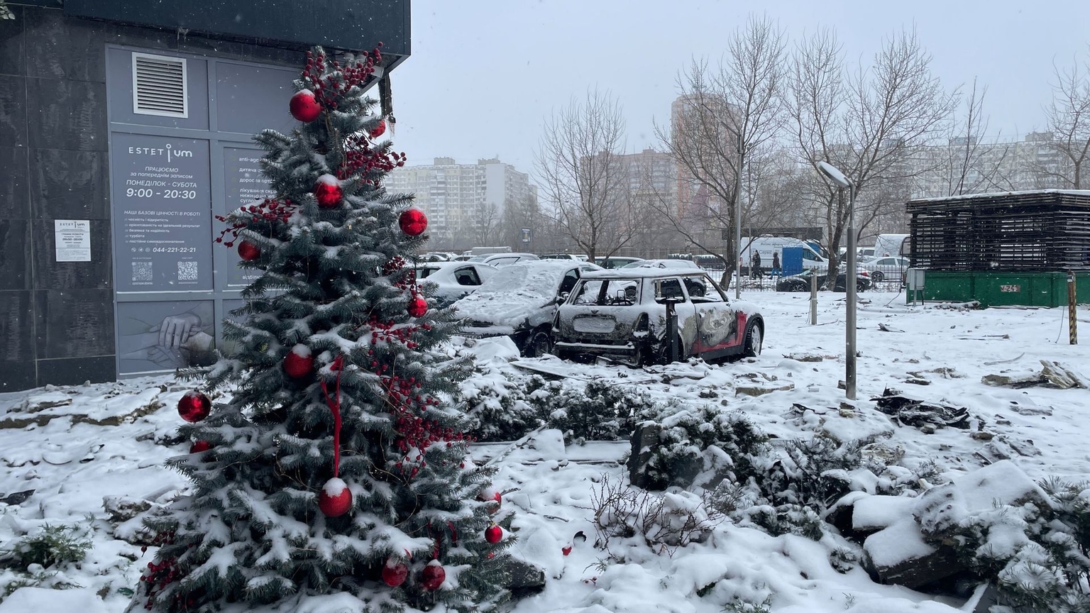 Damaged residential area following a Russian attack in Kyiv, Ukraine, on Jan. 9, 2026.