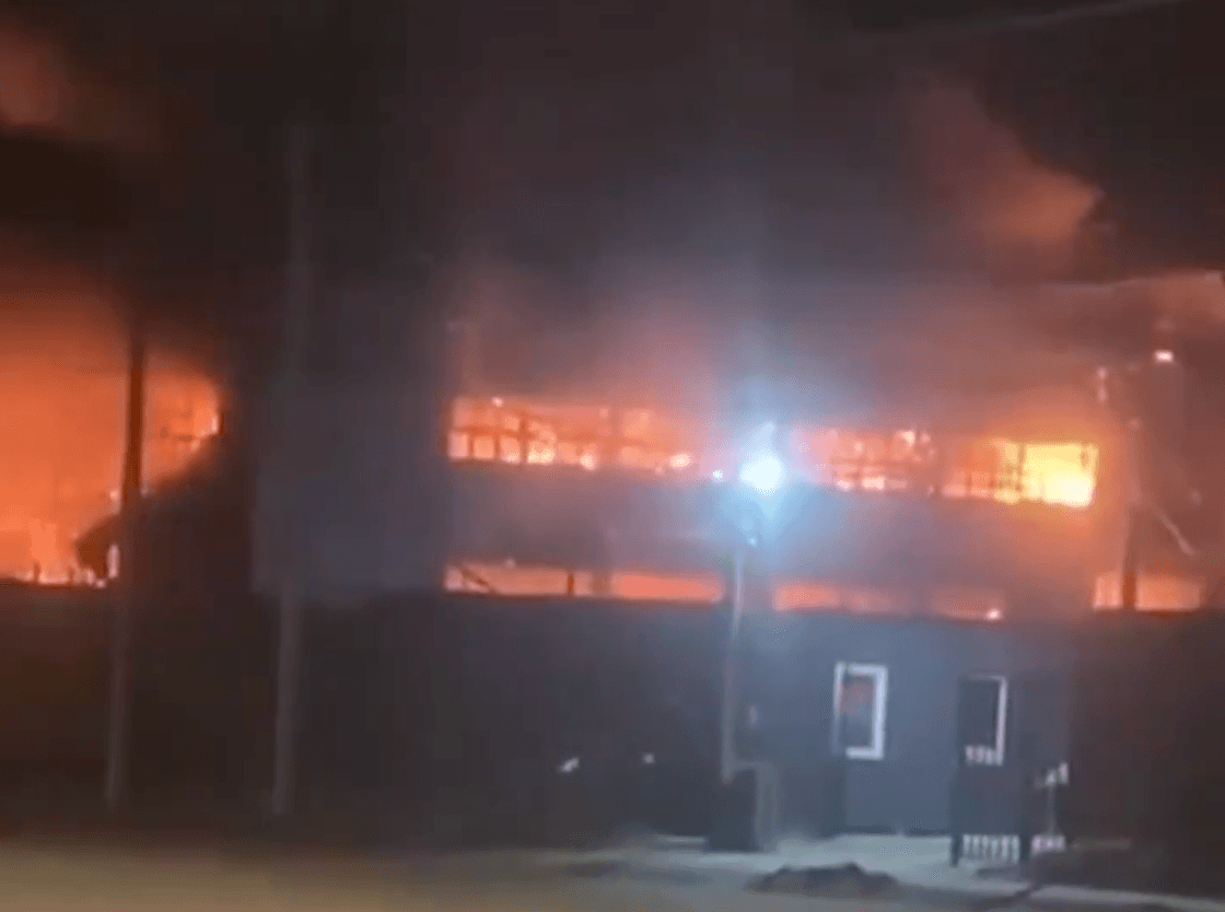 A screenshot from a video posted to social media purporting to show the Atlant Aero plant in Taganrog, Rostov Oblast, Russia, overnight on Jan. 13, 2026