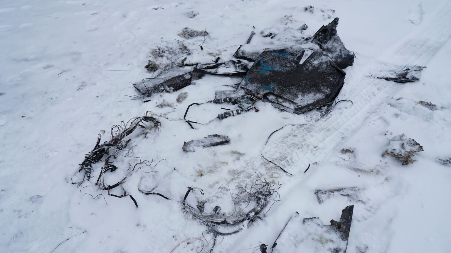 Alleged Shahed parts near the damaged residential building following a Russian attack in Kyiv, Ukraine, on Jan. 9, 2026.