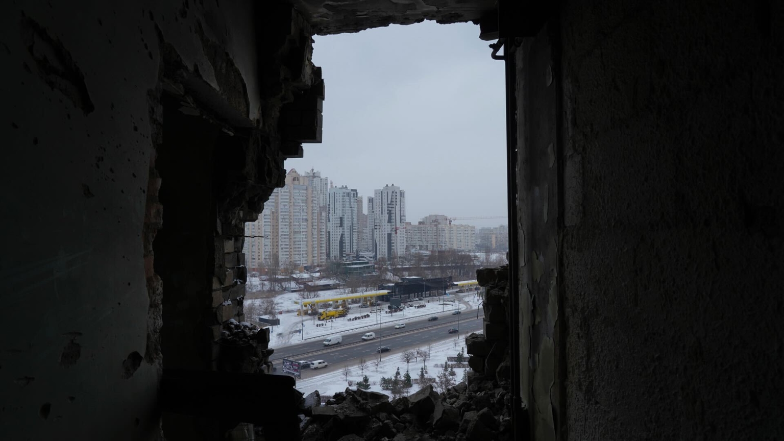 View from the damaged residential building following a Russian attack in Kyiv, Ukraine, on Jan. 9, 2026. 