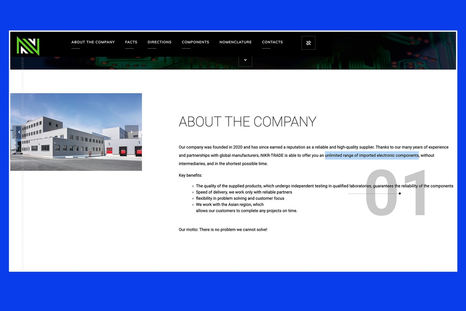 A screenshot from the website of Russia-based electronic components retailer Niokr-Trade, which offers Russian industrial customers an “unlimited assortment of imported electronic components.” 